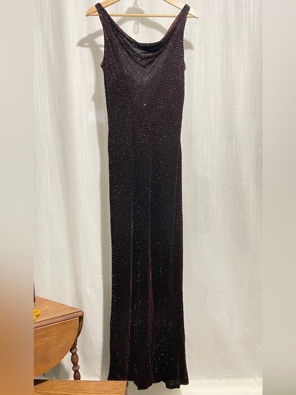 Carmen Marc Valvo Collection, brown beaded full length evening gown, 8